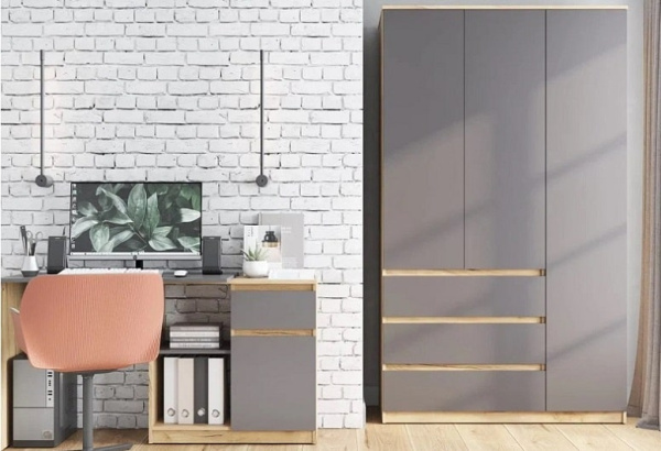 Сити Шкаф ШР-3 с ящиками Серый Графит/Дуб Крафт Золотой